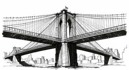 Simple Monochrome Sketch of the Brooklyn Bridge Suspension Cables and Towers