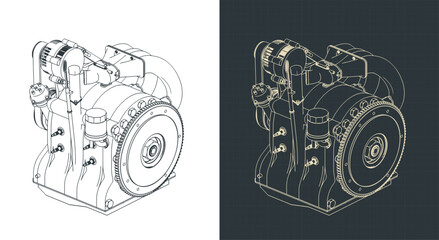 Wankel rotary engine isometric blueprints illustrations