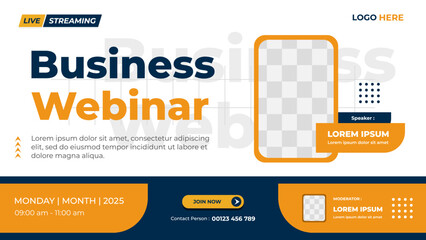 Minimalist web banner template with white, blue and orange background for Business Webinar, Online education class and other seminar