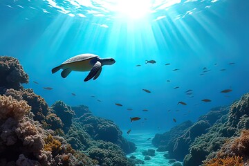 Fototapeta premium Serene Sea Turtle in Vibrant Coral Reef