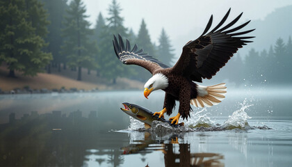 Illustration of a powerful eagle soaring above water with a fish in its talons, symbolizing freedom and pride against a serene aquatic background