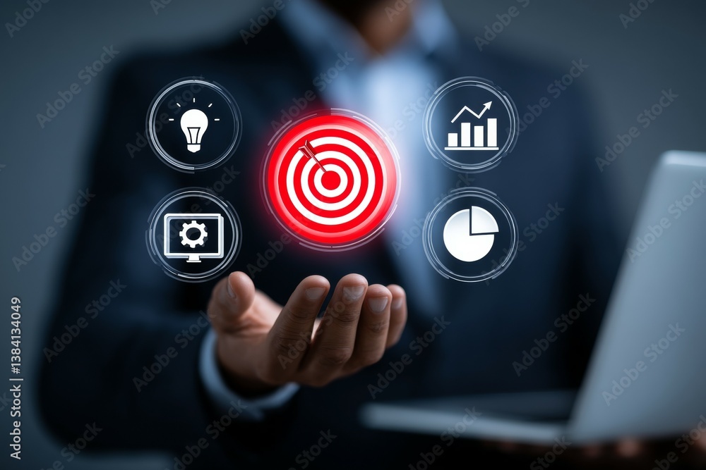 Poster businessman in suit with data analytics icons and red target symbol
