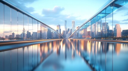 Obraz premium City skyline reflected in water under a modern glass structure at dusk.