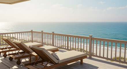 Luxury Beach House Deck with Wooden Lounge Chairs Overlooking the Ocean