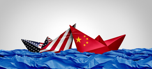 Trade War Crisis China USA and US Trade War as Chinese and American retaliatory tariffs as a Financial risk and investment danger as stock market turbulence as a paper boat as Washington and Beijing.