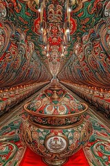 Obraz premium Intricate ceiling adorned with ornate carvings, vibrant colors, and a central decorative bowl