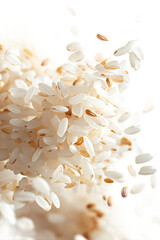 Obraz premium Rice grains suspended in air isolated on transparent background, floating food ingredient cut out for culinary illustrations and recipe concepts