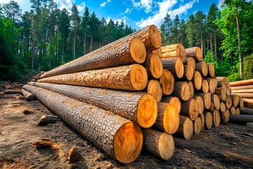 In a serene forest clearing, several logs are neatly stacked, showcasing their textured bark and smooth ends. The lush greenery surrounds them under a clear blue sky
