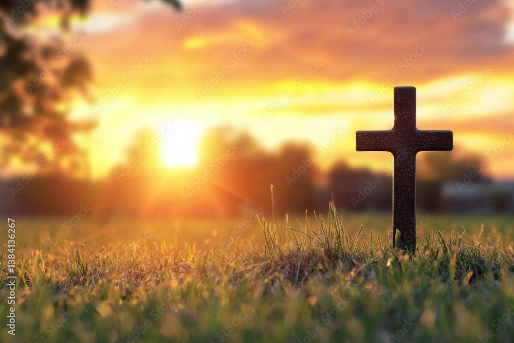 Aufkleber cross is on a field of grass with the sun in the background