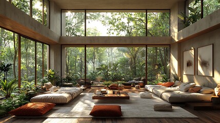Fototapeta premium Serene Interior with Nature View: A spacious, modern interior with large glass windows offers a breathtaking view of a lush forest, creating a harmonious blend of nature and contemporary design.