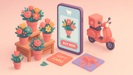 Fototapeta premium 3D Isometric Flower Delivery Scene with Bouquets, Delivery Bike, Order Screen, and Gift Cards in Soft Gradient Style
