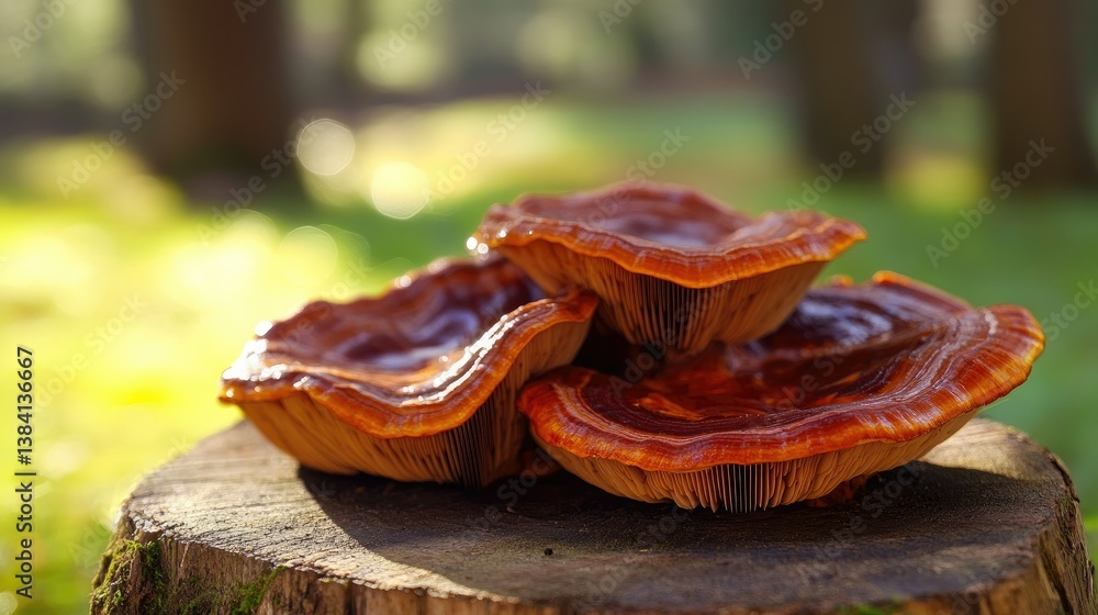 Poster a close-up view of vibrant orange mushrooms growing on a tree stump in a lush forest. with soft sunl