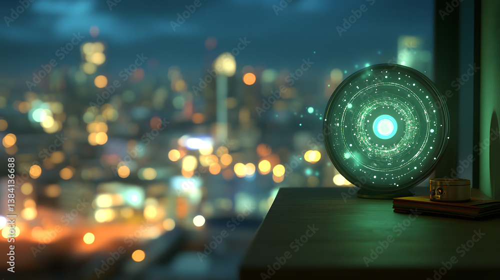 Poster futuristic glowing orb sits on a table against a blurred city night backdrop. the orb emits a soft, 