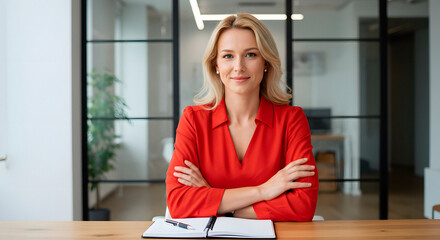 A confident woman in a red blouse sits at a desk with folded arms, smiling in a modern office with glass walls and a clean, professional atmosphere.