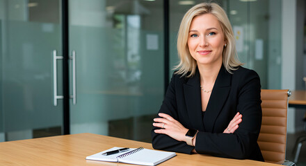 A confident businesswoman in a black blazer sits at a desk with folded arms, smiling in a modern office with glass walls and documents nearby.