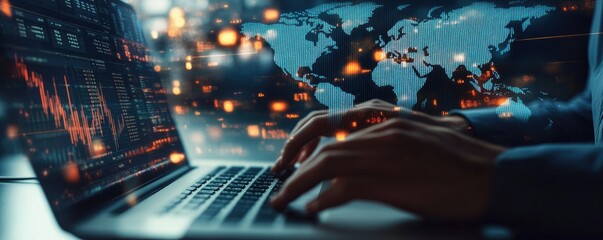 A close-up view of a person typing on a laptop with a digital world map overlay. symbolizing global connectivity and technology in a modern workspace