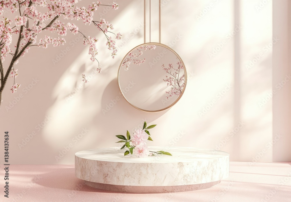 Poster a serene floral display featuring a delicate branch with blossoms. elegantly arranged on a circular 