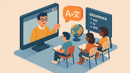 3D Isometric Online Language Class Scene with Video Call Teacher, Translation Chat, Grammar Board, and Students