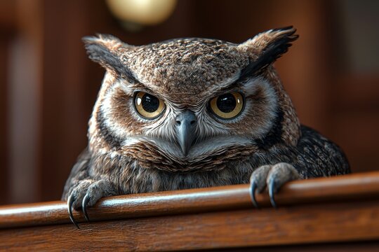 A large owl is staring at the camera with its eyes wide open
