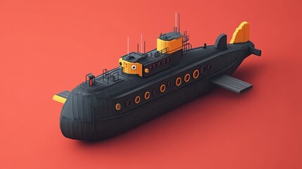 A detailed 3D model of a submarine with vibrant yellow accents perfect for military naval an