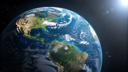 A view of planet earth showing north and south america with sunlight in a dark space background