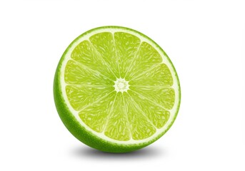 A single half of a lime with a vibrant green color and a white background in a close up shot view