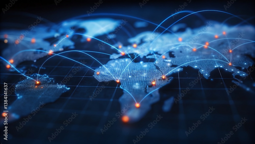 Poster digital world map with glowing connections representing global network and communication lines