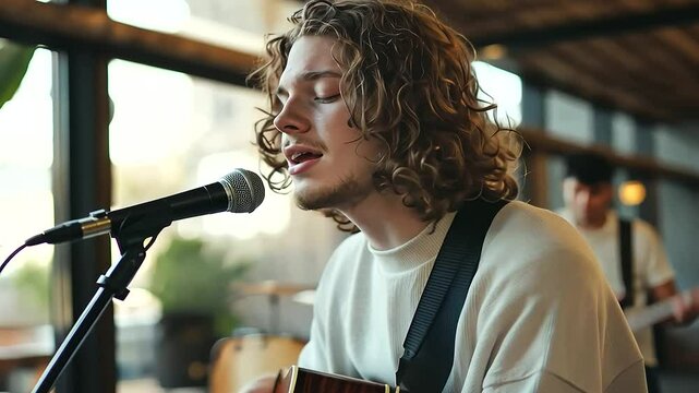 1_A young Indian musician performing at a cozy coffee shop