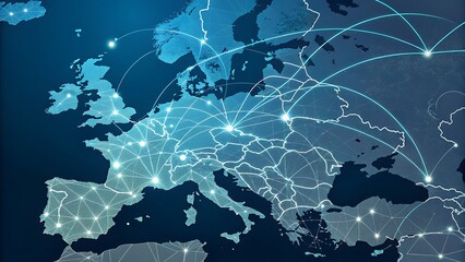 Europe map with glowing connections and lines showing network connectivity and communication flow