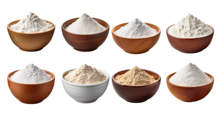 Variety of White Flours in Different Bowls for Baking Purposes, PNG bundle collection, Isolated on Transparent Background