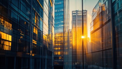 Fototapeta premium Golden Hour Cityscape: Glass Skyscrapers Reflecting Sunset