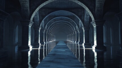 Obraz premium Arched corridor with repeating arches receding into the distance dark blue tones.