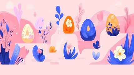 Pastel Easter eggs nestled among flowers and foliage