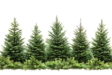 Obraz premium A neat row of five evergreen trees with a low border of greenery against a bright white background.