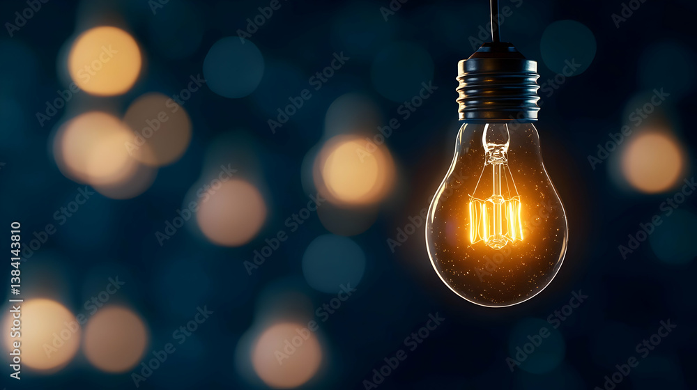 Poster glowing filament lightbulb with bokeh background