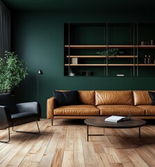 Modern Living Room with Deep Green Walls and Tan Leather Sofa