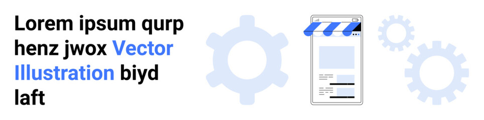 Blue gears, a document with a creative banner, and placeholder text emphasize development, project workflow, innovation, teamwork, technology, creative design, and simple landing page