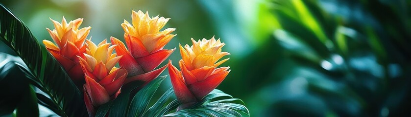 Fototapeta premium A closeup of tropical flowers blooming in a lush rainforest, Tropical Flora, Beautiful and vibrant