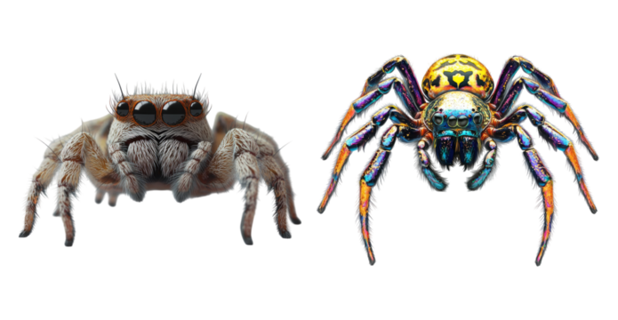 Realistic Illustrations of Colorful Jumping Spiders in Detail, PNG bundle collection, Isolated on Transparent Background