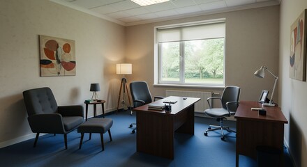 Bright Office Space Interior with Desk, Chairs and Artwork Featuring a Large Window and Comfortable Seating Area for Meetings and Professional Work