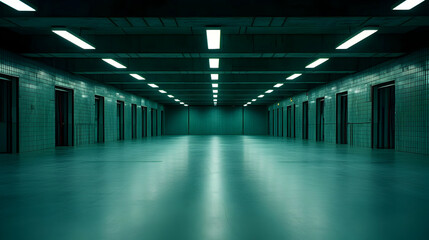 Fototapeta premium Long Underground Corridor With Metal Doors And Blue-Green Lighting