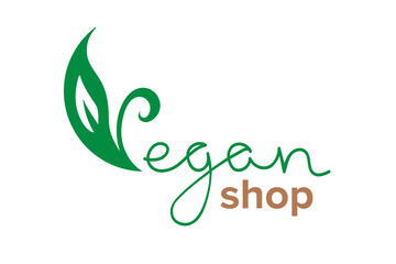 Fototapeta premium Vector simple minimalistic logotype for vegan business like shop or market. Hand written lettering with a leaf symbol
