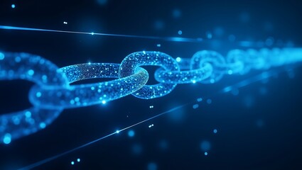A close up of a blue glowing chain with sparkling particles on a dark blue background image view