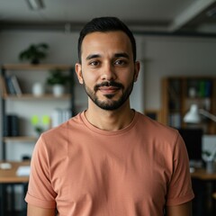 A confident and decisive headshot of a 30-year-old male senior designer with short dark hair and a neatly trimmed beard, wearing a minimalist light terracotta or muted teal crew neck t-shirt