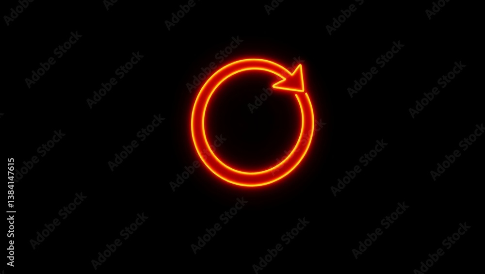 Poster a glowing orange neon circular arrow pointing clockwise isolated on a black background in the center