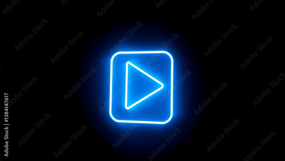 Aufkleber a glowing blue play button icon illuminated against a stark black background in a digital display