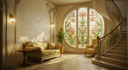 Elegant Art Nouveau Foyer with Stained Glass Window and Curved Staircase