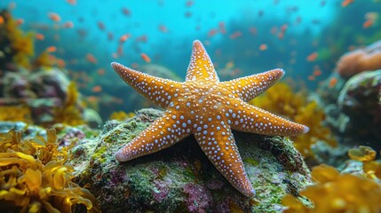 Starfish Resting on Ocean Floor Amidst Vibrant Coral Reef and Small Fish