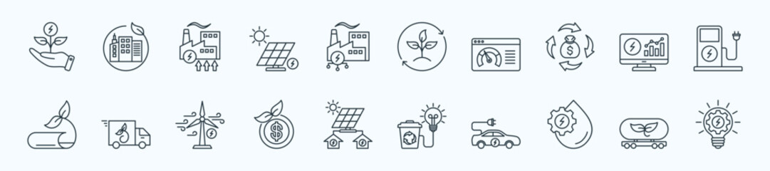 Eco green energy thin icon set containing Energy Harvesting,Green City,Geothermal,Solar Power,Industries Electricity
