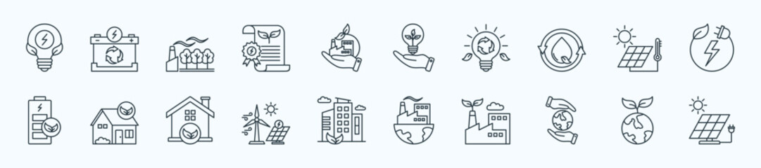 Eco green energy thin icon set containing Biomass,Energy Storage,Carbon Offset ,Certificate,Factory
